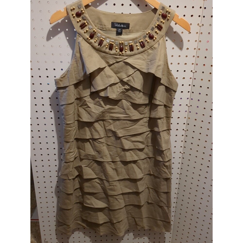SL Fashions Brown Sleeveless Dress 14P Embellished Layered Ruffle Sheath Formal